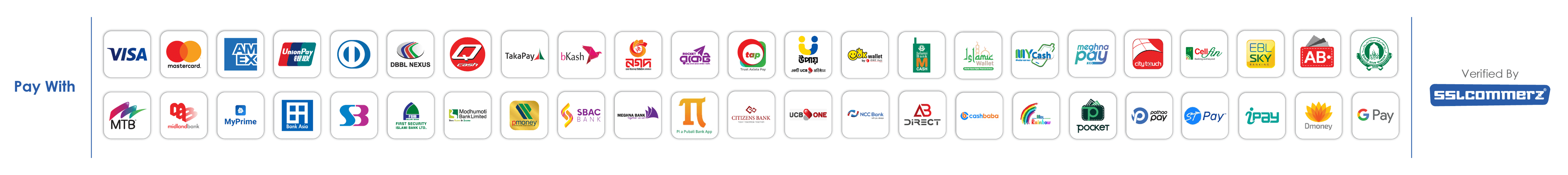 গ্রহণযোগ্য পেমেন্ট মাধ্যম — Visa, Mastercard, American Express, UnionPay, bKash, Nagad, Rocket সহ সব কার্ড, মোবাইল ব্যাংকিং ও ইন্টারনেট ব্যাংকিং। Verified by SSLCommerz।